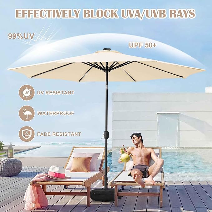 Sundale Outdoor Solar 104 LED 11 ft Patio Umbrella with Sand Bag Umbrella Base, Outdoor Umbrella with Tilt and Crank, Beige