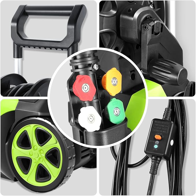 DNA Motoring TOOLS-00232 Up to 2176 PSI Pressure 2.4 GPM Max Flow Electric Pressure Washer for Yard and Car Cleaning with Spray Nozzle Foam Bottle + 4 Turbo Nozzles IPX5 Driveway Patio Deck(Green)