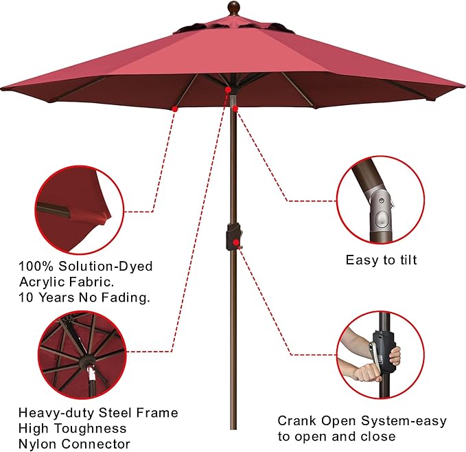EliteShade USA 10-Year-Non-Fading 9Ft Market Patio Umbrella, UPF 50+ UV Protection Performance Sun Umbrella, Heavy Duty Commercial Grade Outdoor Table Umbrella with Crank & Tilt, Windproof Vented Top for Garden, Pool, Deck and Outdoor Playsets, Burgundy