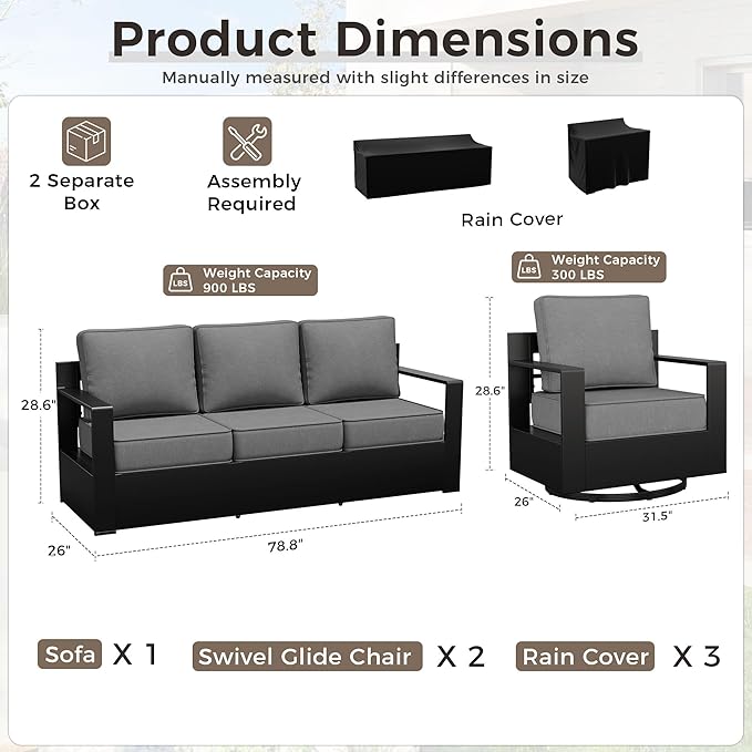 Outdoor Patio Furniture Set, 3-Piece Aluminum Patio Conversation Set All-Weather Metal Outdoor Sectional with 6 Inch Thick Cushions, Deep Setting for Garden, Outside and Porch, Grey