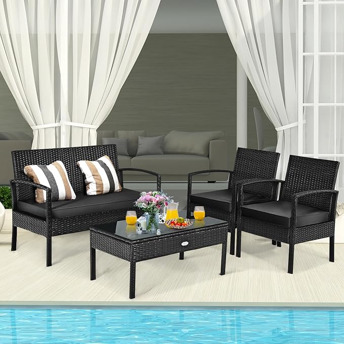 Tangkula 8 Pieces Wicker Patio Conversation Furniture Set, Outdoor Rattan Chair and Table Set, Patio Furniture Sets with Coffee Table & Washable Cushions for Courtyard Balcony Garden