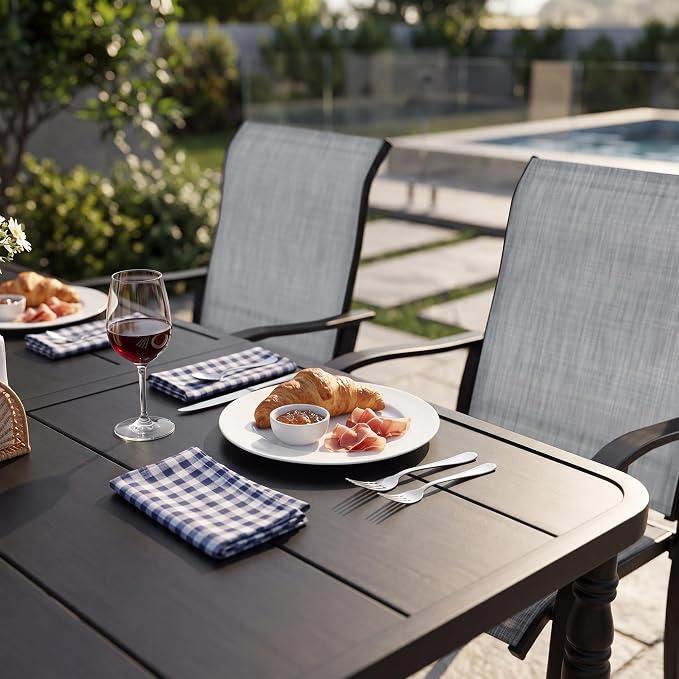 NUU GARDEN 7-Piece Patio Dining Table Set, Outdoor Metal Dining Furniture Set with Umbrella Hole Rectangular Table and 6 Textilene Chairs, Black