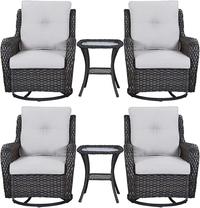 Rilyson Wicker Rocking Chair Swivel Chairs – 6 Piece Rocker Patio Furniture Set Rattan Rocking Bistro Sets with Glass Top Side Table for Outdoor Porch Deck Garden Backyard(Brown/Beige)