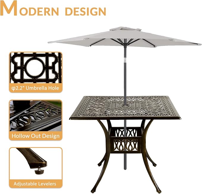 5-Piece Outdoor Patio Dining Set, All-Weather Cast Aluminum Patio Furniture Set for Backyard Garden Deck with 4 Chairs, 4 Cushions and 35.4” Square Table, 2.2" Umbrella Hole