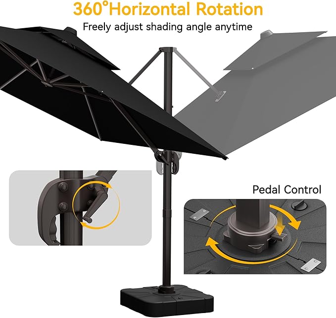 VEGOND 10x13 FT Patio Cantilever Umbrella with Base, Rectangular Heavy Duty Offset Umbrella for 8-10 People, 360°Rotation & Mult Tilt, Double Top Design, for Pool Garden Deck (Black)