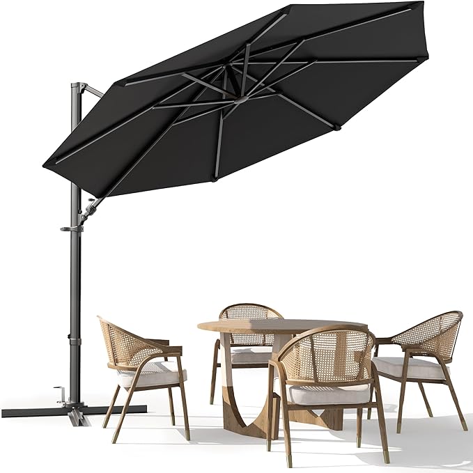 Greesum 10FT Outdoor Patio Umbrella with High Pedel and 4 Gear Heights, Large Offset Market Umbrella with 360-degree Rotation, Without Base, Hanging Outdoor Shade for Garden, Lawn, Pool, Black