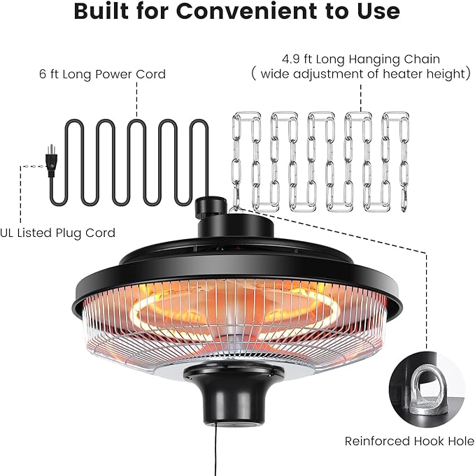Fanspex Hanging Patio Heater, 1500W Electric Infrared Heaters for Home, Gazebo, Garage, Greenhouse, Ceiling Mount with Overheat Protection, IPX4 Water Resistance, Adjustable Height (Silver)