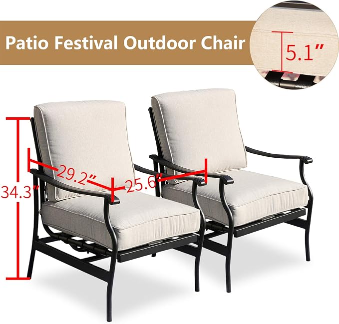 Outdoor Chair Bistro Cushioned Rocking Sofa Chairs Patio Furniture Sets Modern Conversation Set with 5.1 Inch Thick Seat Cushions (2PCS-2, Beige)