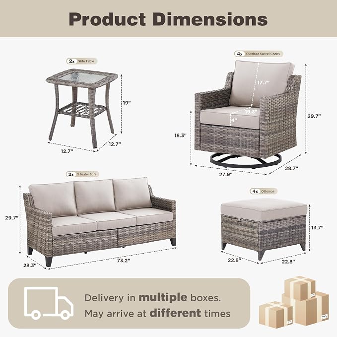 Belord Patio Wicker Swivel Rocker Patio Chairs with 3-Seater Sofa, Outdoor Rattan Chairs for Deck Porch Poolside, 12 Piece Patio Conversation Furniture Set,Beige