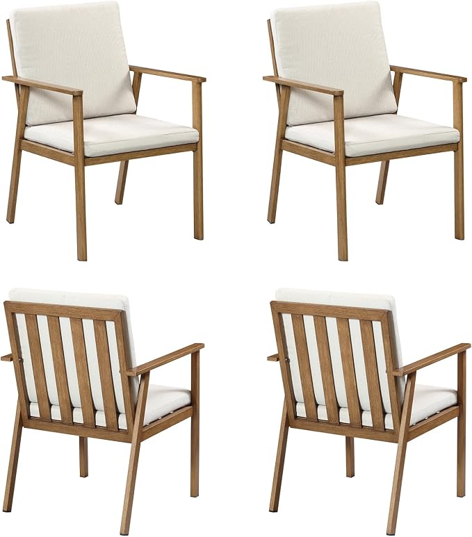 Outdoor Patio Dining Chair Set of 4, Never-Rust Outdoor Aluminum Patio Chairs with Removable Cushions, Patio Dining Furniture Chairs Set for Garden, Backyard, Porch, Lawn, Teak