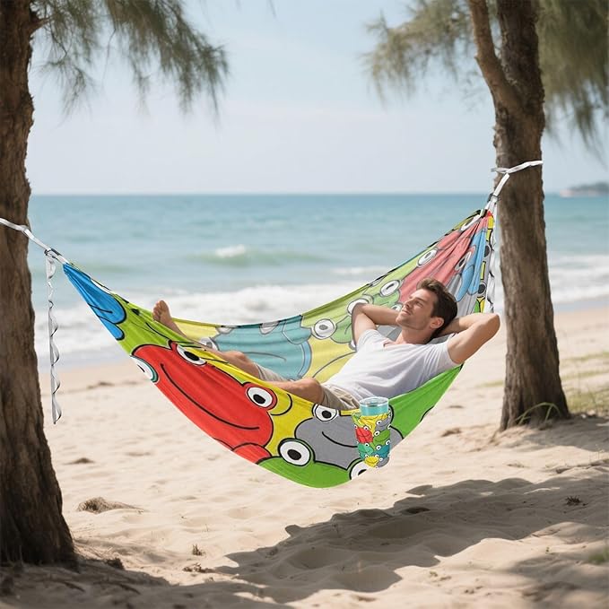 Colorful Cartoon Frog Cute 330lb Capacity Hammocks for Camping Rope Hammock for Patio Backyard Lounge Base amacas para patios con Base de adultos