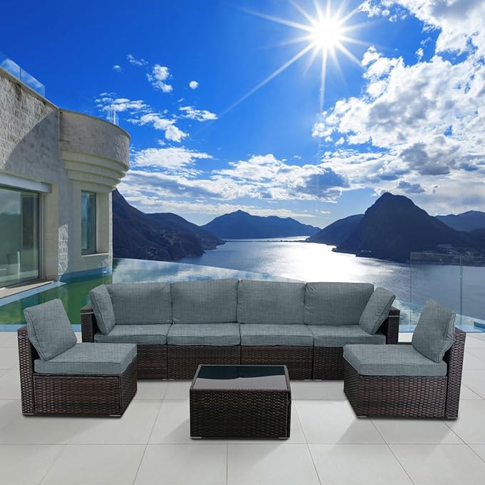 7 Pieces Outdoor Patio Furniture Sets,Rattan Conversation Sectional Set,Manual Weaving Wicker Patio Sofa with Tea Table