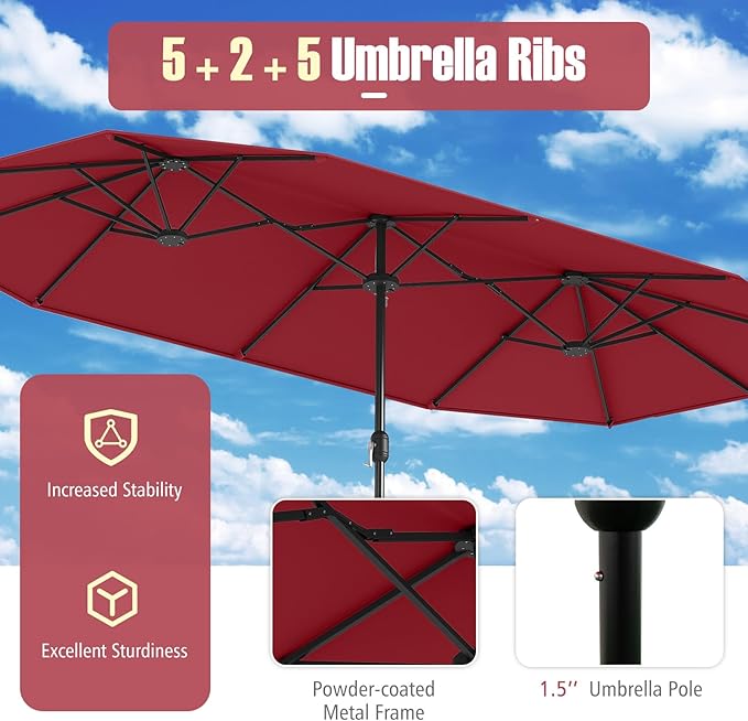 Tangkula 13FT Double-sided Patio Umbrella, Extra Large Twin Table Umbrella with Crank Handle, Umbrella Base, Safety Lock, Air Vent, Outdoor Market Umbrella for Garden Pool Backyard (Burgundy)