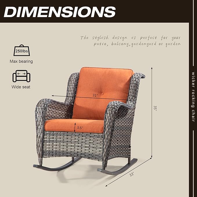 Outdoor Wicker Patio Rocking Chair - All-Weather Lawn Rocking Wicker Furniture with Alloy Steel Frame & Premium Fabric Cushion, Orange