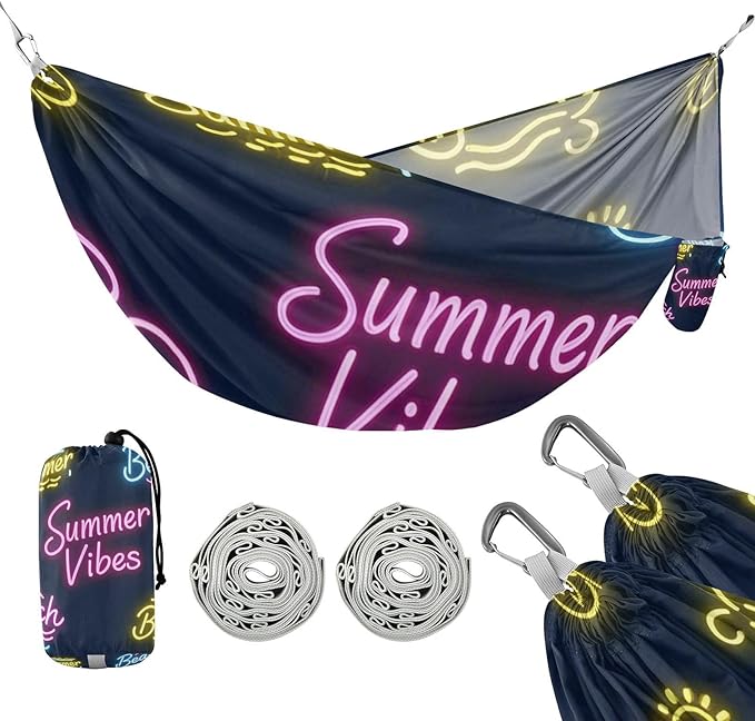Sun Neon Summer Vibes Beach 330lb Capacity Outdoor Hammock with Portabl Carry Bag Cloth Hammock for Outside Patio Garden hamacas para Deck