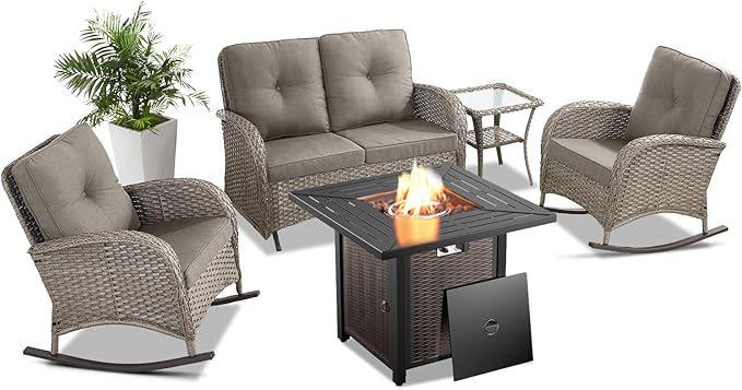 5 Pieces Patio Furniture Set with 50000 BTU Propane Fire Pit Table, All-Weather Patio Rocking Chairs, Loveseat Glider and Side Table for Outdoor Conversation Deck Backyard Poolside
