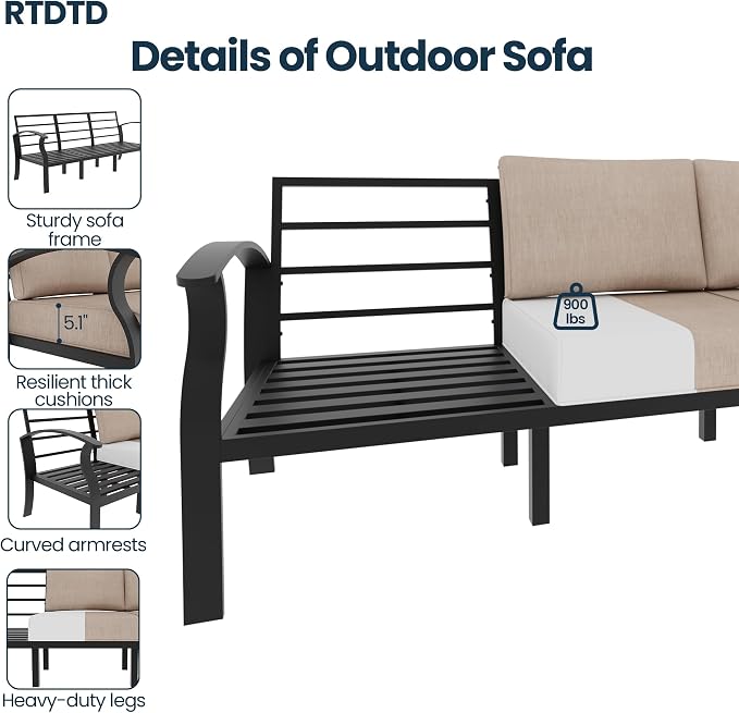 Aluminum Outdoor Patio Furniture Set,4 Pieces 5 Seats Patio Conversation Sets with 45" Propane Fire Pit Table,Metal Patio Sectional Furniture Set with Thick Cushion,Sand