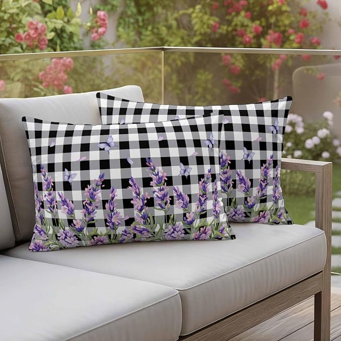 Lavender Floral Outdoor Waterproof Pillow Covers, Purple Flowers Butterfly Black Gray Plaid Decorative Rectangle Throw Pillowcase Sofa Cushion Sham for Patio/Couch/Chair, 20"x12" 2 Pack