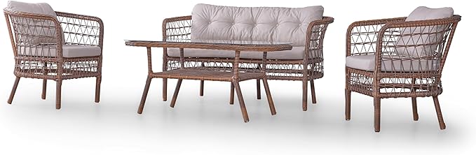 Angora Tea Set Rattan Outdoor Furniture Set – Stylish Garden and Patio Set with Table, Double Chair, and 2 Single Armchairs, Conversation Sets Best for Yard, Pool or Backyard, Brown
