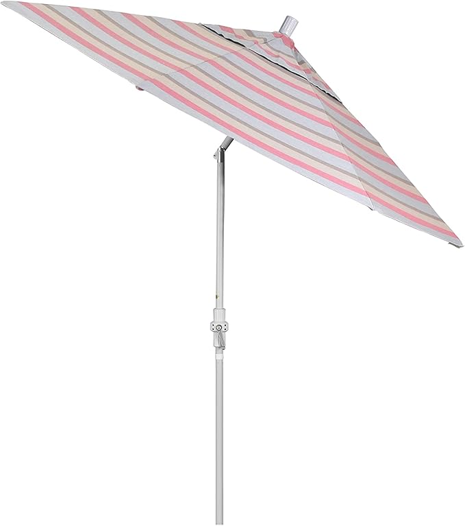 California Umbrella 9' Rd Tahoe Series Aluminum Patio Umbrella, Crank Lift, Collar Tilt, White Finish, Sunbrella Gateway Blush Fabric