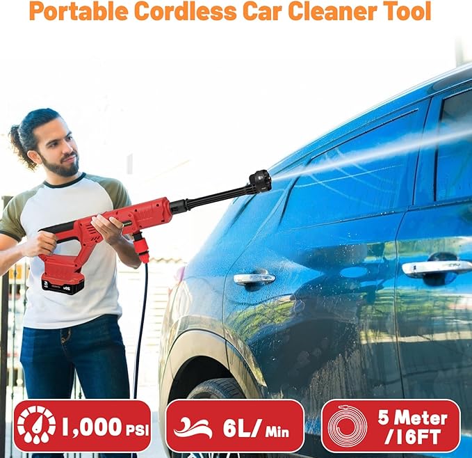Cordless Cleaner Tool for Milwaukee M18 Battery, Portable Handheld Car Cleaner 1000PSI with 6-in-1 Nozzle & 16.5FT Drain Hose for Patio Car Floor Fence Deck Indoor(Battery Not Included)