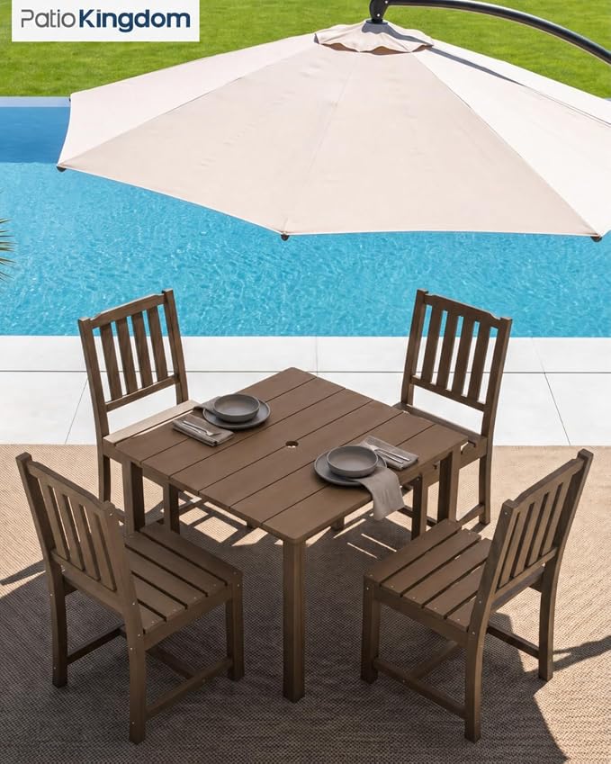 HDPE Outdoor Dining Set for 4, Square Table and Chairs, Brown | All-Weather HDPE, Wood Grain Finish, 42.5" Square Table, Built-In Umbrella Hole, Seats 4, Patio & Poolside Ready