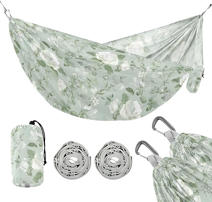 Camping Hammock Outdoor Hammocks for Outside White Rose Flower Light Green Beach Trees Portable Lightweight with Pockets Tree Straps Indoor