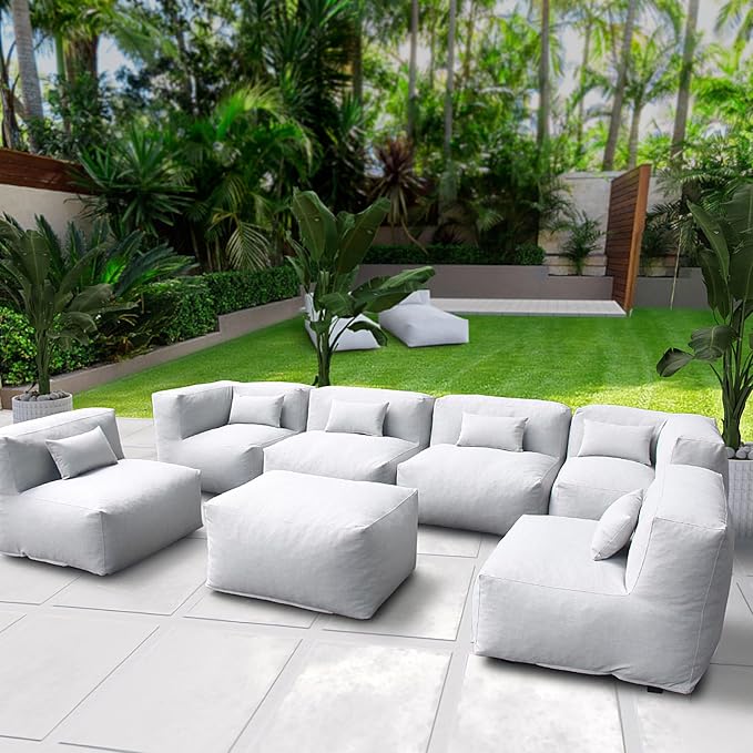 Dineli ANNYH CALALUNA 7Pc Patio Garden Furniture Sectional Conversation Set.Combines 4Middle, 2Corner, 1Ottoman/Coffee Outdoor Exp Foam Filled Chairs. A Unique Modular Contemporary Sofa (Cloud Gray)