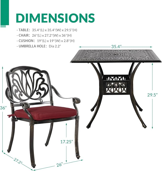VIVIJASON 5-Piece Outdoor Patio Dining Set, All-Weather Cast Aluminum Conversation Set, Patio Furniture Set for Backyard, Include 4 Cushioned Chairs, a 35.4" Square Table w/Umbrella Hole, Red Cushion