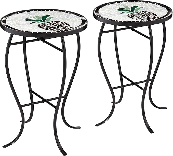 Teal Island Designs Pineapple Modern Black Metal Round Outdoor Accent Side Tables 14" Wide Set of 2 Beige Mosaic Tile Tabletop Gracefully Curved Legs for Spaces Porch Patio Home House Balcony Deck