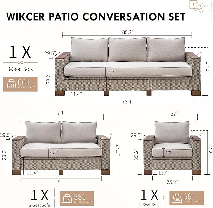 PaPaJet 6-Piece Patio Furniture Set, Wicker Patio Conversation Set with Solid Wood Armrests &Thick Legs, UV-Resistant Outdoor Sectional Sofa for Backyard, Porch, Garden(88"+63"+37")