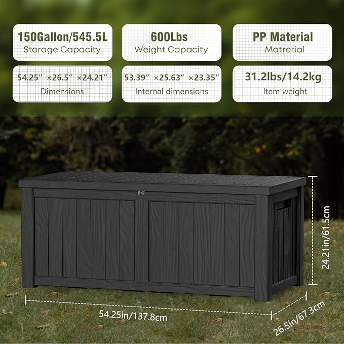 Outdoor Storage Box Waterproof, 150 Gallon Lockable Resin Deck Box Large, Patio Storage Bin for Pool Accessories Cushion Furniture, Garden Tools, UV-Resistant Outside Delivery Black