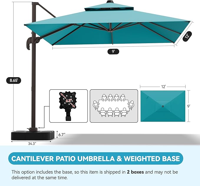 GENTEACO 9x12FT Cantilever Patio Umbrella with Base Included, Double Top Rectangle Offset Umbrella 7 Angle Tilts & 360° Rotation, Large Heavy Duty Outdoor Sun Umbrella for Pool Market, Turquoise Blue