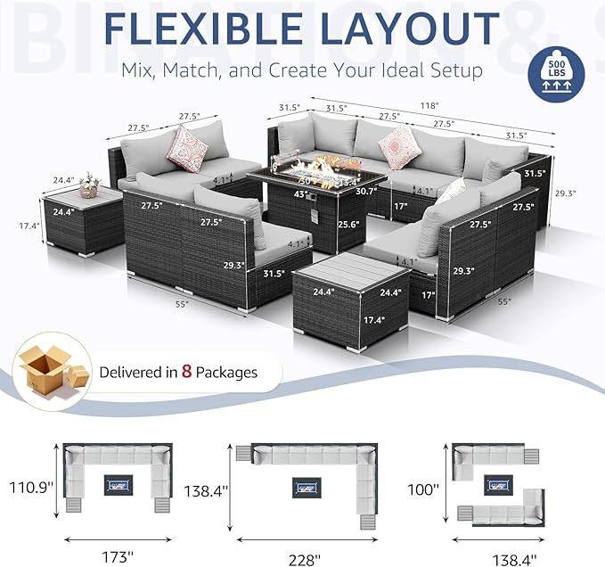 NICESOUL 13 Piece Outdoor Sectional Furniture with Firepit, Contemporary Back Yard Fireplace w/Seating Area, Plus Size 29.3'' High Back Patio Set, All-Weather Wicker Couch for Exterior, Light Gray