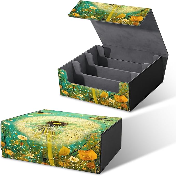 Card Deck Box for MTG, Cards Storage Box Fits 120+ Sleeved, Leather Big Size Strong Magnetic Closing Case for Board Games Magic TCG CCG Baseball Collection Women Man, Blue Dandelion