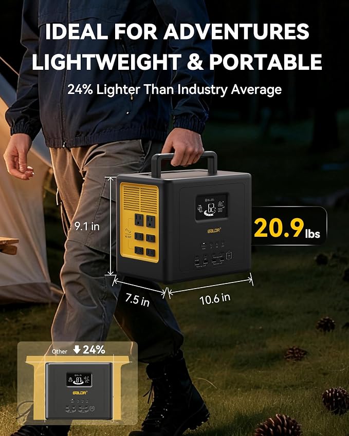 BALDR Portable Power Station 1042Wh Camping Lithium Battery Generator Fast Charging with AC Outlet 1200W Peak Power Bank for Home Backup Outdoor Emergency