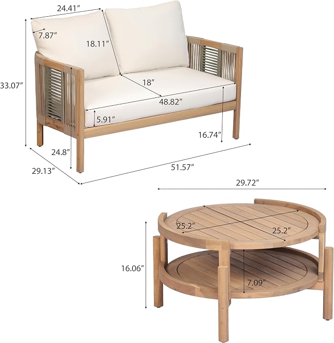 Christopher Knight Home 5-Piece Acacia Wood Patio Furniture Set with Coffee Table, 7 Seater Outdoor Conversation Sofa Set, Patio Sectional Chat Set for Backyard Balcony, Teak+ Beige