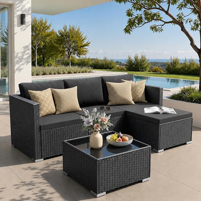 WWR Patio Furniture Set 5 Piece - Wide Armrests - All-Weather Wicker Rattan Outdoor Conversation Couch Sets, Modular Sectional Sofa for Garden, Patio, Poolside, Backyard, Balcony, Porch