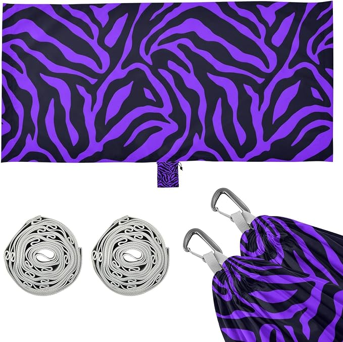 Purple Black Print Camping Hammock, 330lbs Load Capacity, Comfortable Portable Hammock with Tree Straps for Outdoor, Backyard, Beac