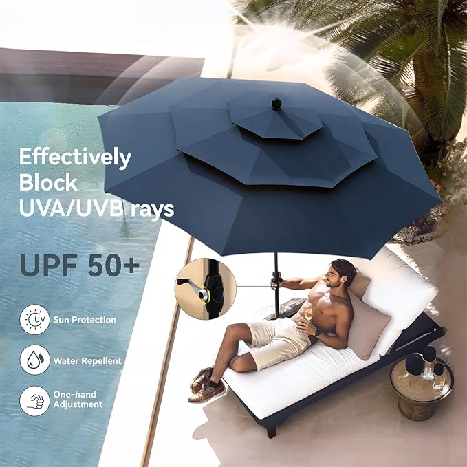 PHI VILLA 5pc Patio Dining Set with Umbrella, Round Table, Rattan Chairs | Includes 42" Round Metal Table, 4 Cushioned Rattan Chairs and 10ft Blue umbrella. Perfect for patio, deck, yard, or porch