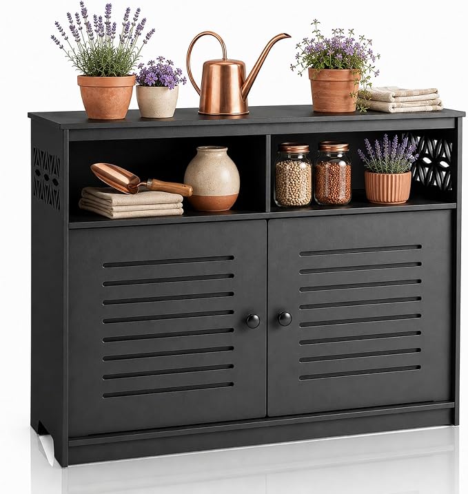 VINGLI Outdoor Storage Cabinet Waterproof, 87 Gallon Patio Deck Storage Cabinet with 2 Doors & Open Shelves, All-Weather Resistant Outdoor Sideboard with Decorative Cutout for Patio, Garden, Yard