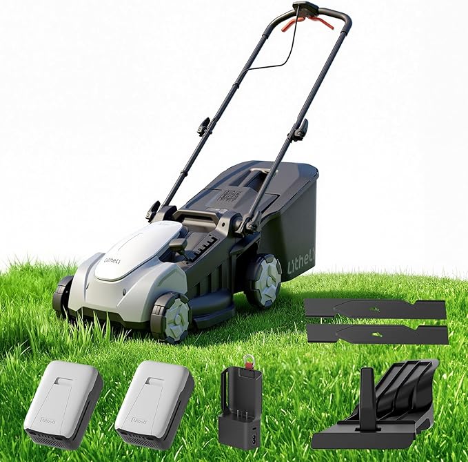 Litheli 40V Push Mower with Brushless Motor, 16″ Battery Lawn Mower, 6 Adjustable Heights, 50L Grass Bag, Mulching, 2×5.0Ah Batteries & Charger Included