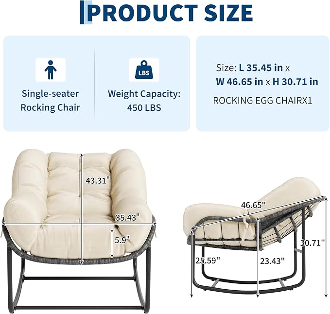 GarveeLife Outdoor Lounge Rocking Chair, Iron Frame Patio Rocker Chair with Cushion, Beige Relaxing Chair for Patio, Garden, Balcony