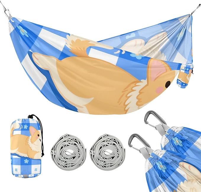 Cartoon Dog Blue White Grid 330lb Capacity Outdoor Hammocks with Portabl Carry Bag Backyard Hammock for Patio Backyard Lounge Base Silla hamacas para adultos