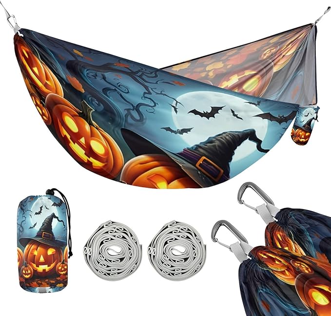 Hammocks for Outside Glowing Carved Jack-o-Lanterns Camping Hammock Portable Hammocks with Tree Straps and Carry Bag Camping Accessories for Hiking Beach Outdoor