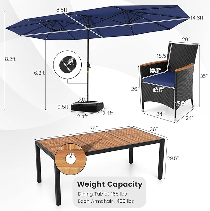 Tangkula 11 Pieces Patio Dining Set with Double-Sided Led Patio Umbrella (Base Included), with 8 Stackable Chairs, Acacia Wood Dining Table and Large Umbrella with Solar Lights (Navy+ Navy)