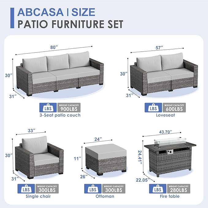 ABCASA 10-Piece Patio Furniture Set with Fire Pit Table | Indoor Comfort for Outdoor Living | Weather-Resistant Wicker & Ultra-Thick Cushions | Grey Patio Conversation Set for Deck, Porch, Poolside