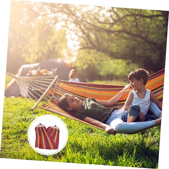 SUPVOX Rainbow Striped Single Person Canvas Hammock with Anti-tip Design, Outdoor Traveling Swing for Adults, Widened Cotton Fabric Leisure Hammock for Camping and Backyard