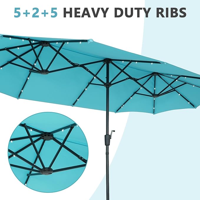 13Ft Large Patio Umbrella with Base Outdoor Double-Sided Market Extra Large Table Umbrella With Solar Lights Easy Crank for Yard, Poolside, Deck-Blue