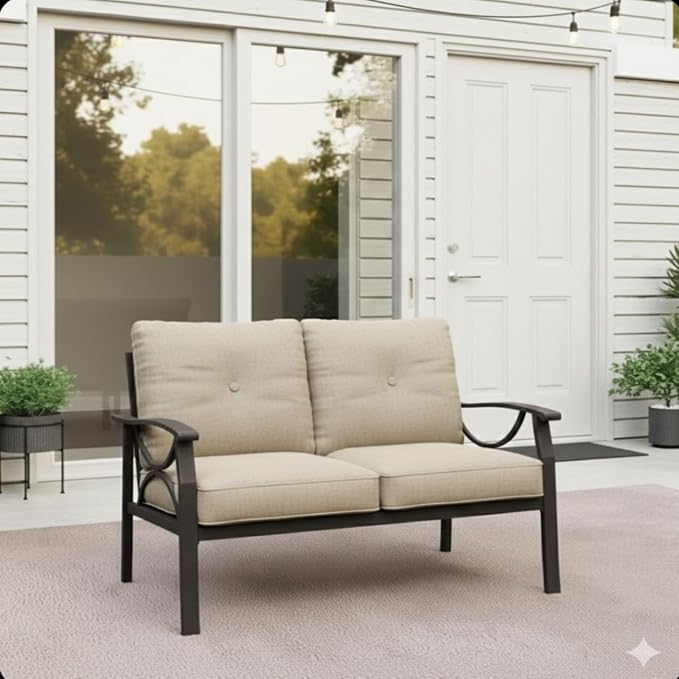 Hassyee 2 Pieces All-Weather Metal Outdoor Conversation Set with Coffee Table and Removable Cushions for Balcony, Patio Furniture Set with Modern Curved Design for Backyard, Lawn (Loveseat)